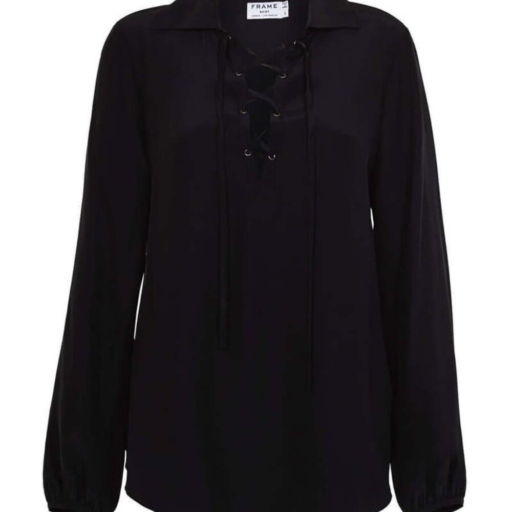 Frame Silk Women's Black Lace-Up Blouse - Picture 3 of 8
